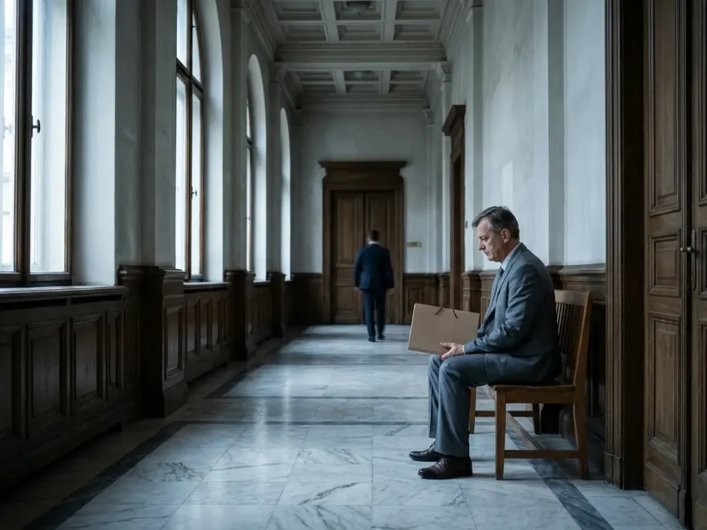 Bărbat în costum așteptând singur pe o bancă pe un culoar de tribunal, ilustrare pentru decizia ÎCCJ despre acordul de recunoaștere a vinovăției și suspendarea funcționarilor publici