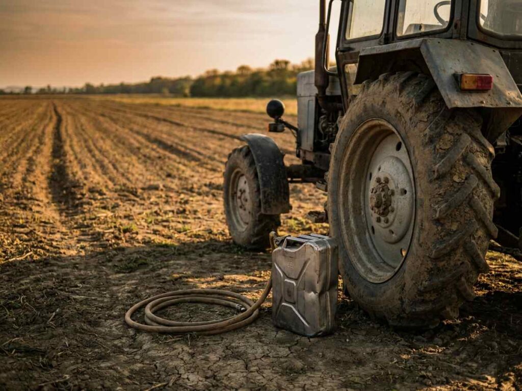Tractor agricol oprit la marginea unui teren arat, cu un bidon de motorină și furtun de alimentare lângă roată