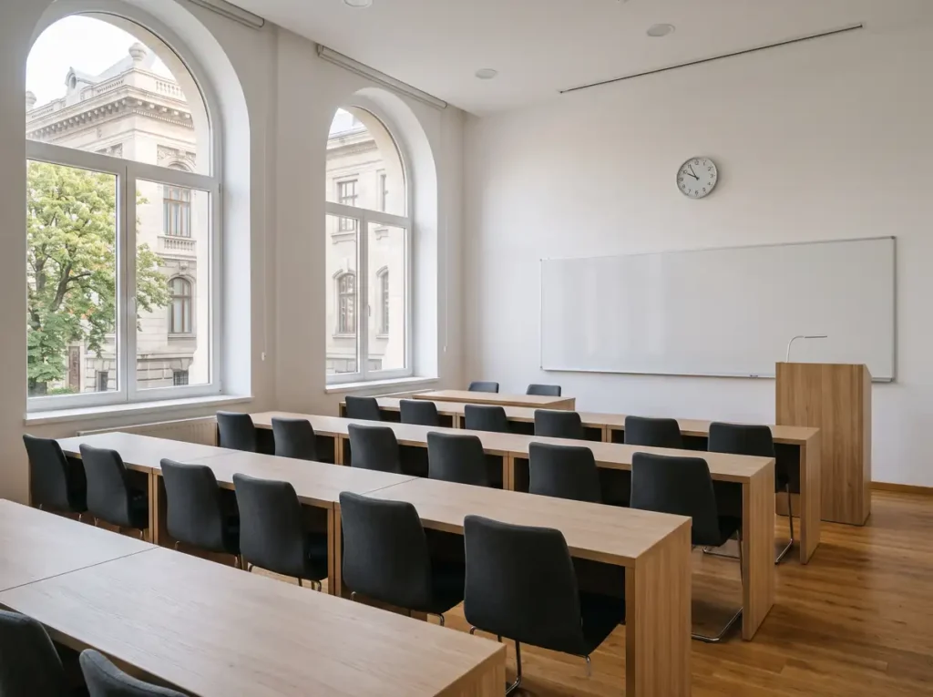 Sală de seminar universitară goală, în contextul noii liste a instituțiilor care organizează anul pregătitor de limba română pentru cetățenii străini, aprobată prin Ordinul ME nr. 4.689/2026
