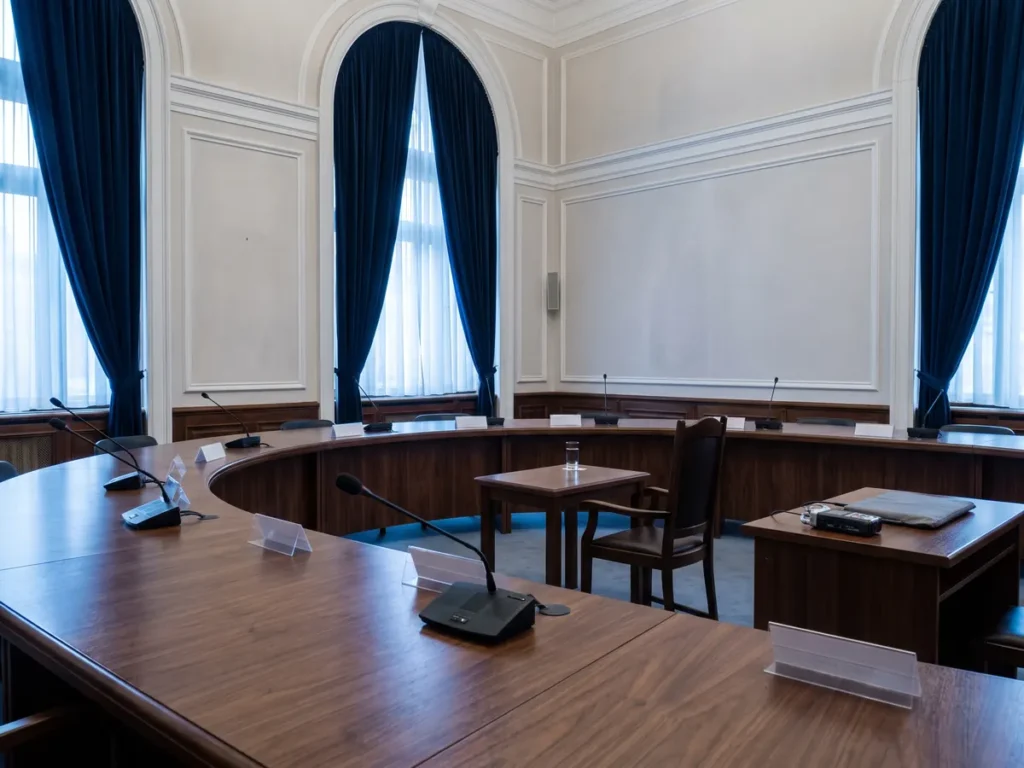 Sală de comisie parlamentară de anchetă pregătită pentru audieri, cu masă în potcoavă și scaunul martorului