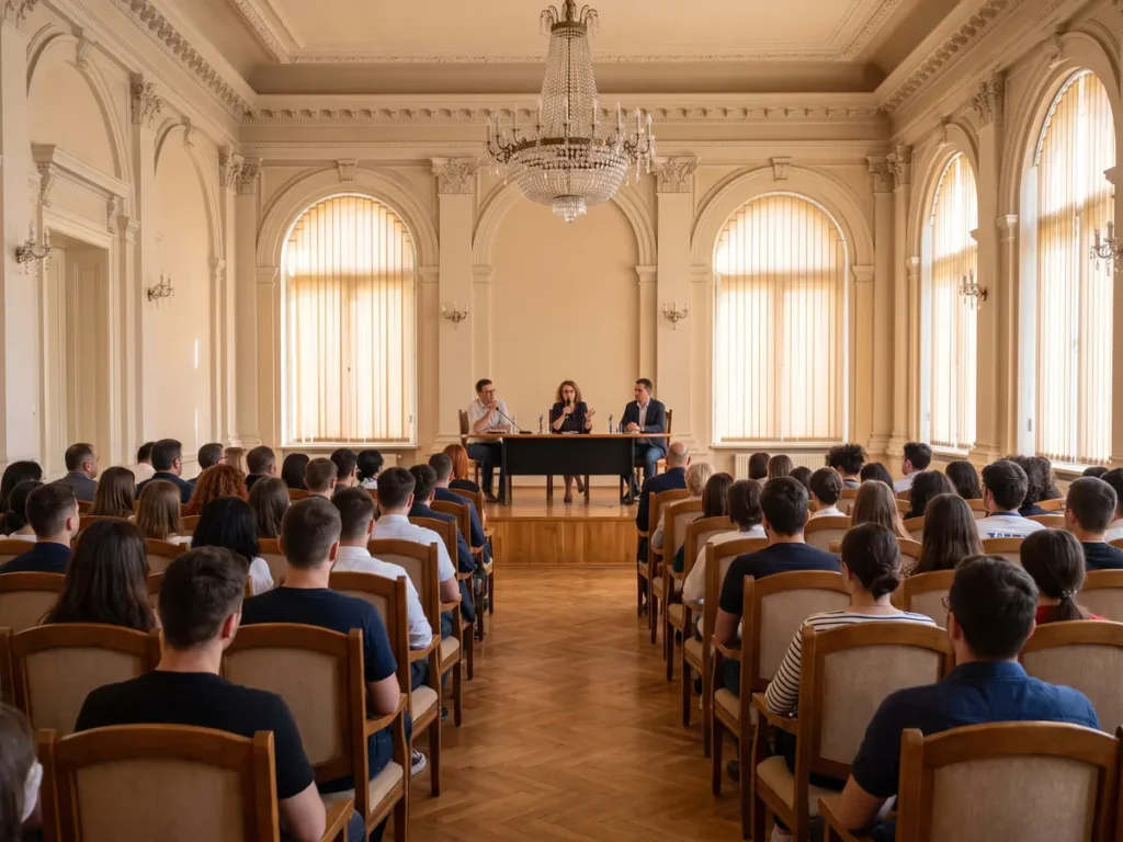 Conferință publică într-o sală festivă a unei clădiri interbelice restaurate din București, ilustrare pentru Legea nr. 149/2026 privind Anul Statelor Unite ale Americii în România