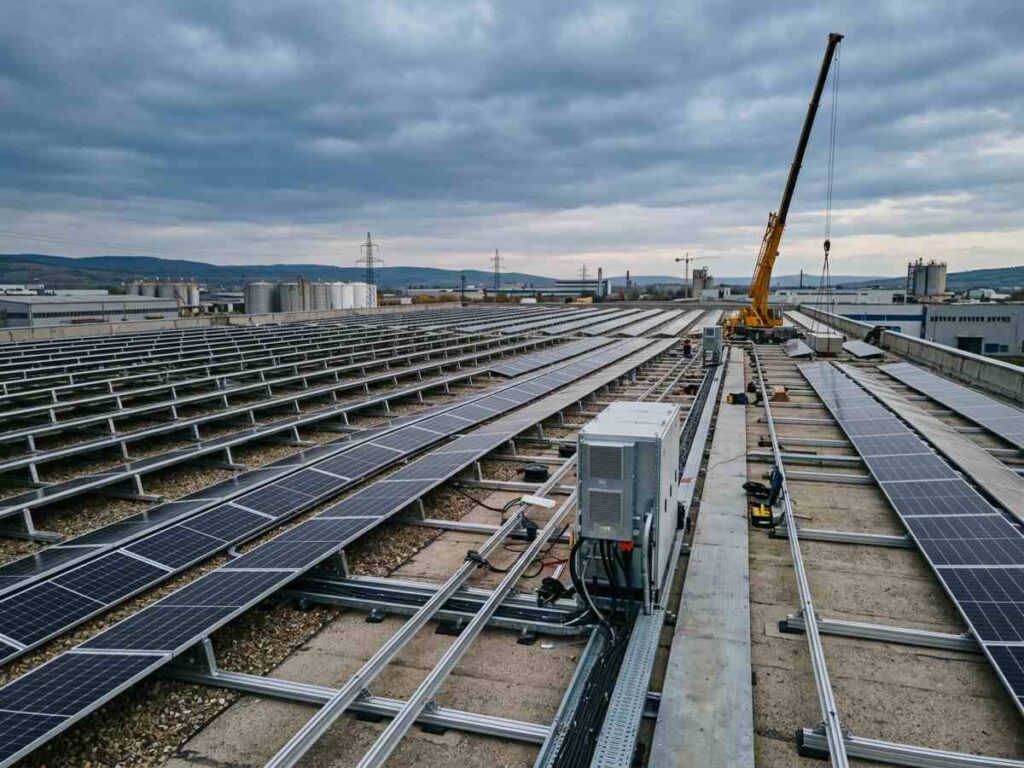 Panouri fotovoltaice noi montate pe acoperișul unei hale industriale din România, cu lucrările de instalare încă în desfășurare