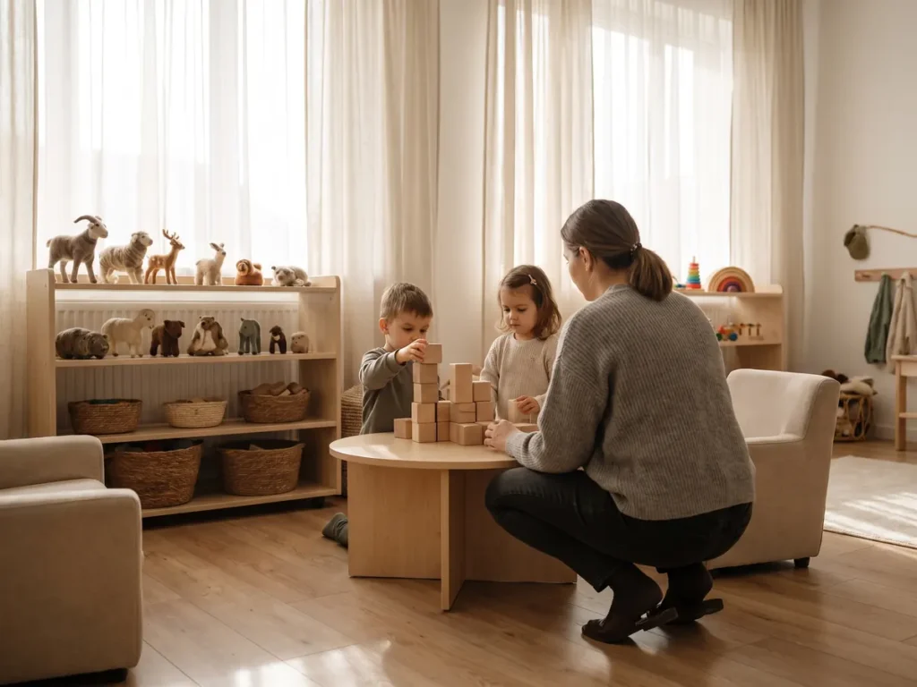 O educatoare stă lângă doi copii care construiesc un turn din cuburi de lemn, într-o sală de grădiniță luminoasă cu jucării din materiale naturale