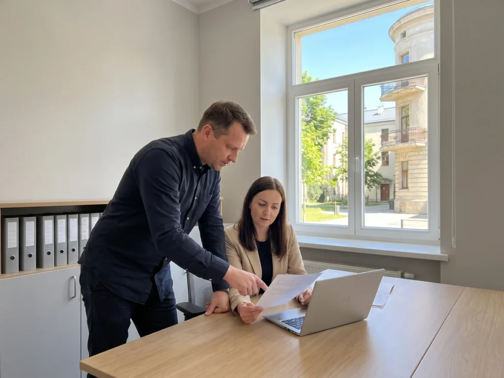 Doi angajați studiază împreună un dosar de personal deschis lângă un laptop, într-un birou administrativ luminos