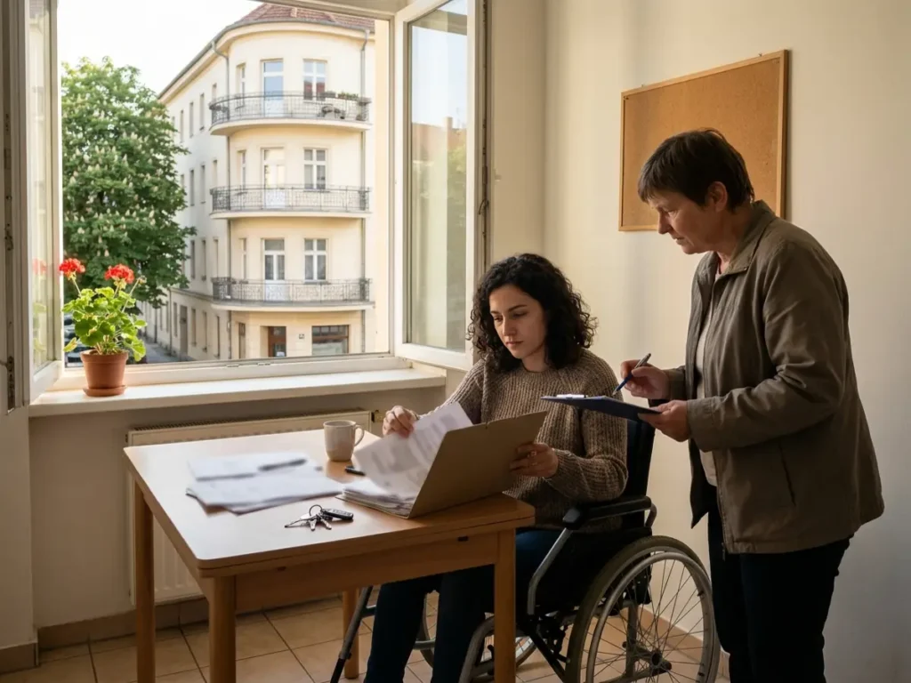 Femeie în scaun rulant așezată la masa din bucătărie, alături de o asistentă socială, verificând facturile de utilități necesare pentru beneficiul de locuire