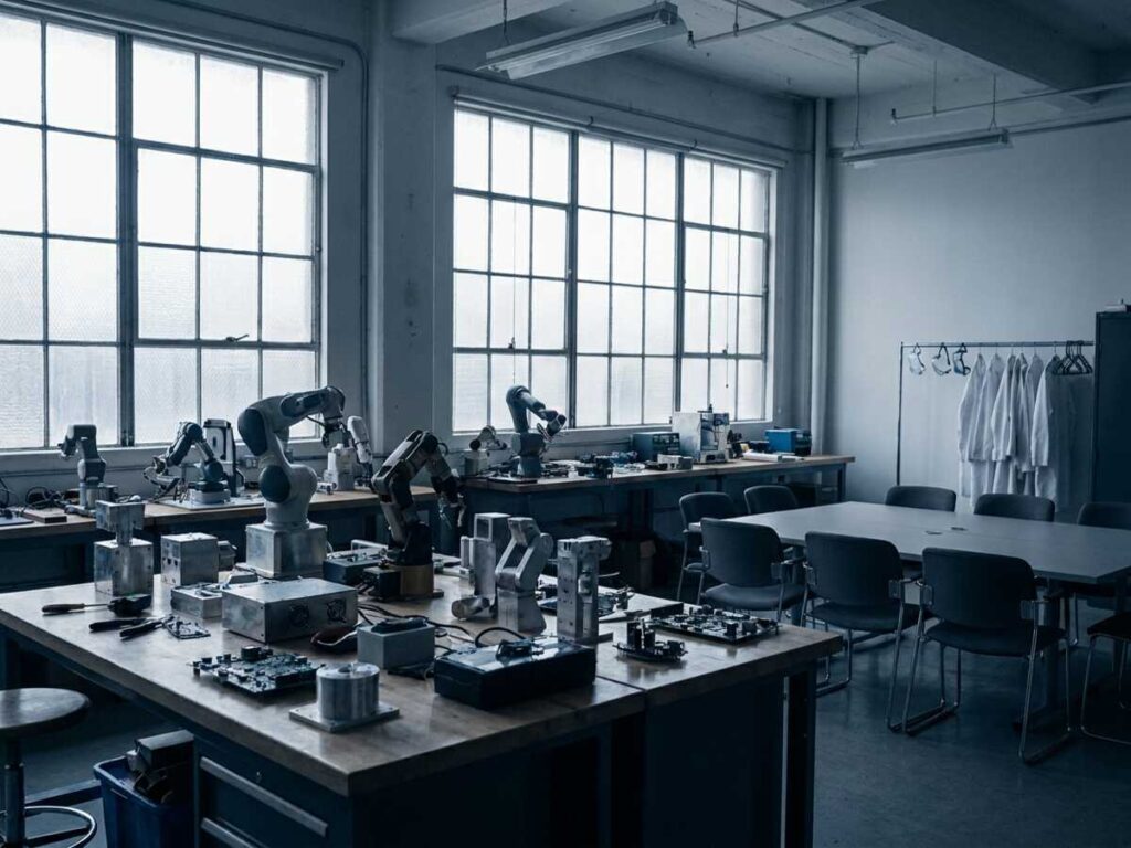 Laborator universitar de inginerie cu componente mecanice și robotice pe o masă de lucru, simbol al comisiilor CNATDCU