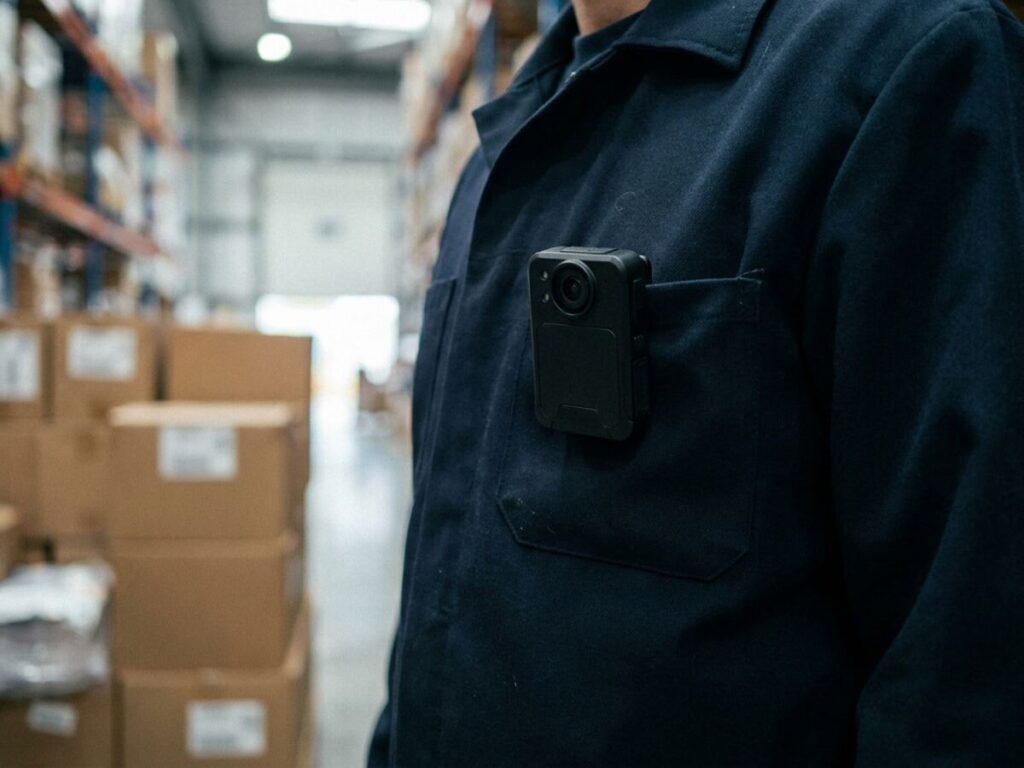 Cameră video mică, prinsă de buzunarul unei uniforme bleumarin, într-un depozit comercial