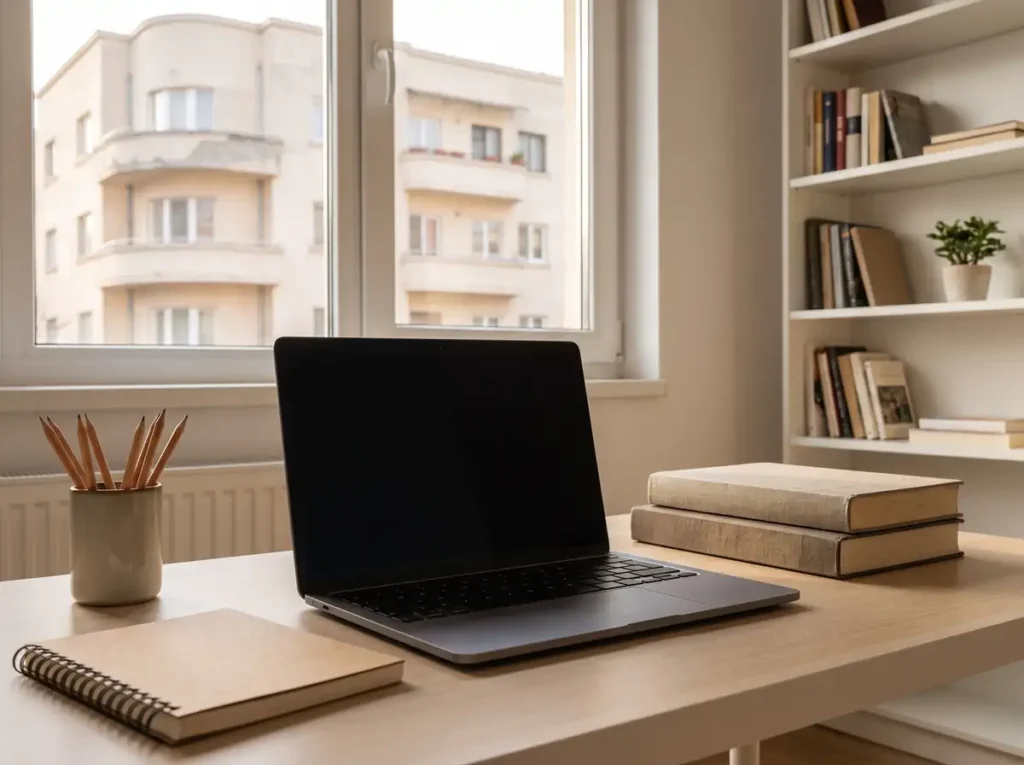 Laptop și caiete pe biroul unui elev, în contextul noului model de bon valoric de 200 de euro pentru calculatoare aprobat prin HG nr. 642/2026