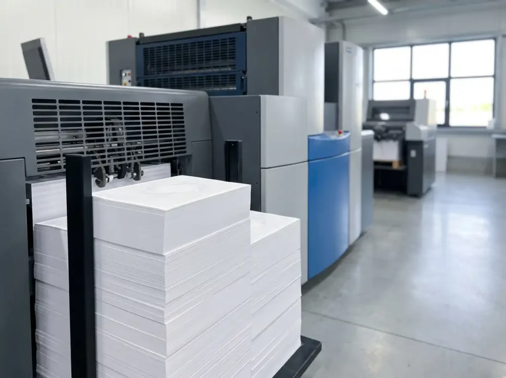 Presă de tipar industrial și teanc de coli tipărite într-o tipografie de documente cu regim special, în contextul bugetului pe 2026 al Imprimeriei Naționale aprobat prin HG nr. 639/2026