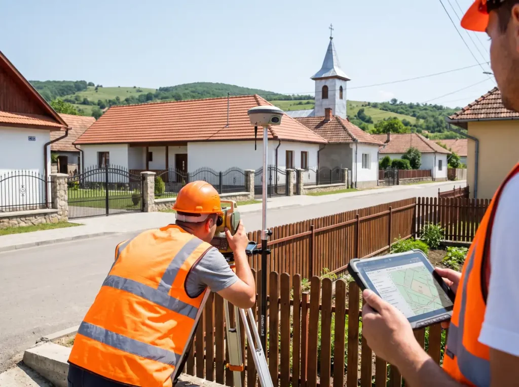 Doi topografi măsoară un teren la marginea unui sat din România, cu receptor GNSS pe trepied și tabletă cu planul cadastral