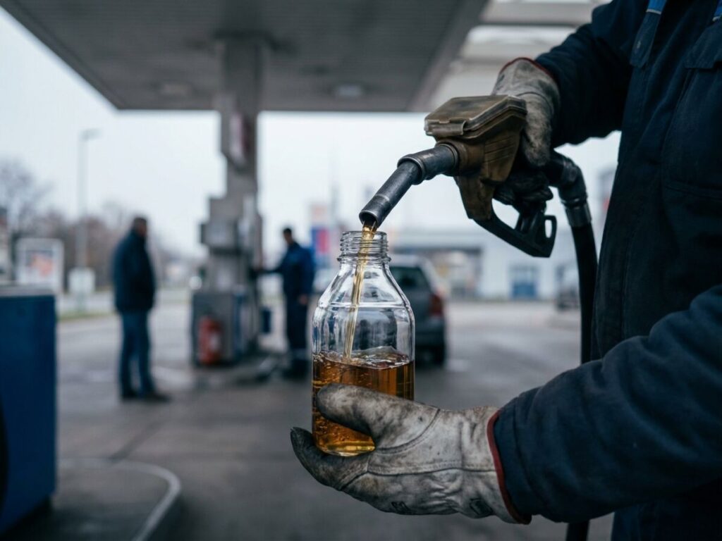 Prelevarea unei probe de motorină într-o sticlă de laborator, la o stație de distribuție a carburanților