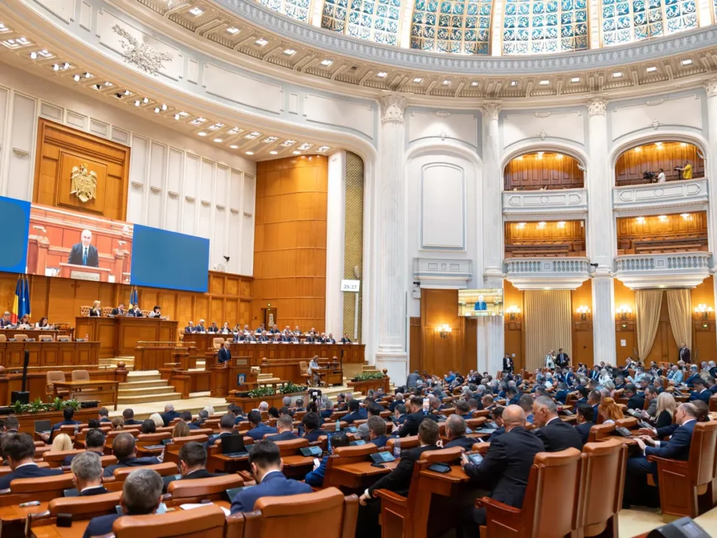 Sala de plen a Camerei Deputaților din Palatul Parlamentului, cu cupola de vitraliu, stema țării și băncile pline în timpul unei ședințe