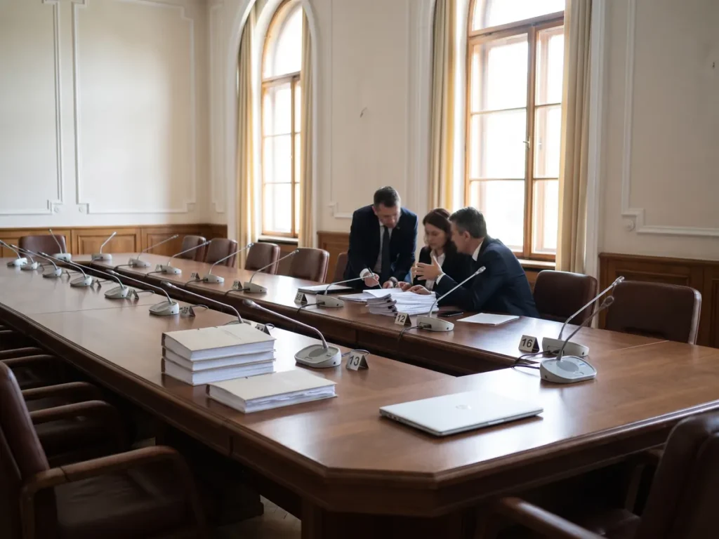 Sală de comisie a Camerei Deputaților cu rapoarte pe masă, înaintea sesiunii extraordinare din 24-26 august 2026