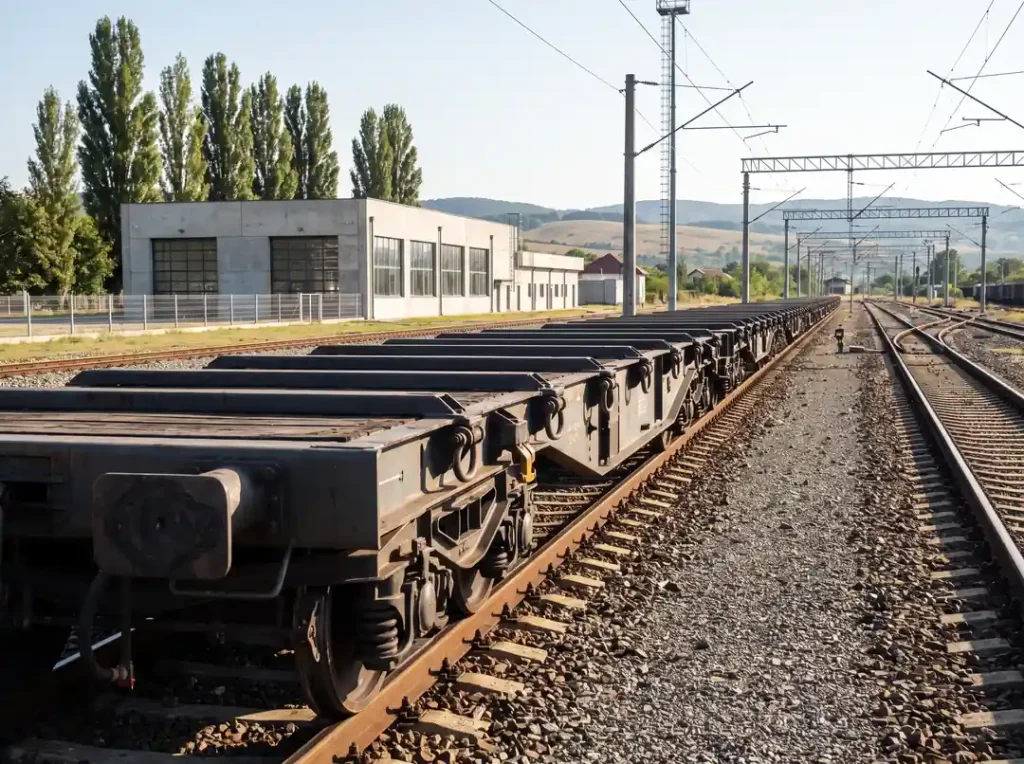 Garnitură de vagoane platformă goale într-o stație de triaj din România, în contextul obligației de transport de tehnică militară introduse prin HG nr. 647/2026