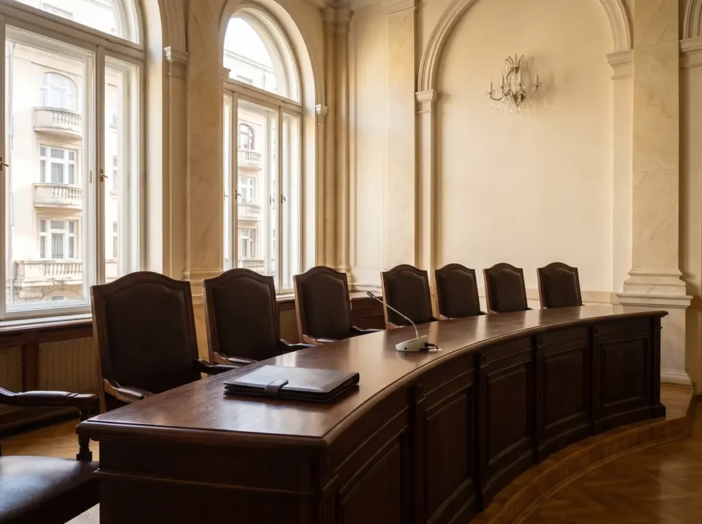 Sala de ședințe a Curții Constituționale, cu banca judecătorilor goală, în ziua publicării Deciziei nr. 883/2026 privind legea integrității