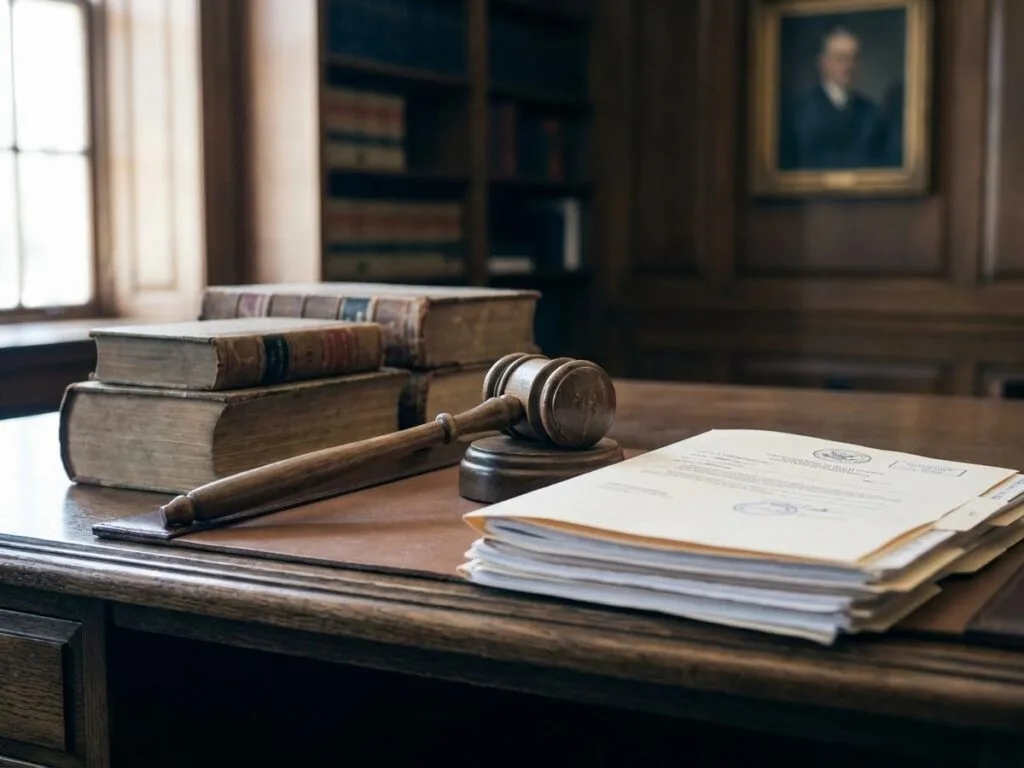 Ciocan de judecător lângă dosare de executare silită, pe un birou din lemn