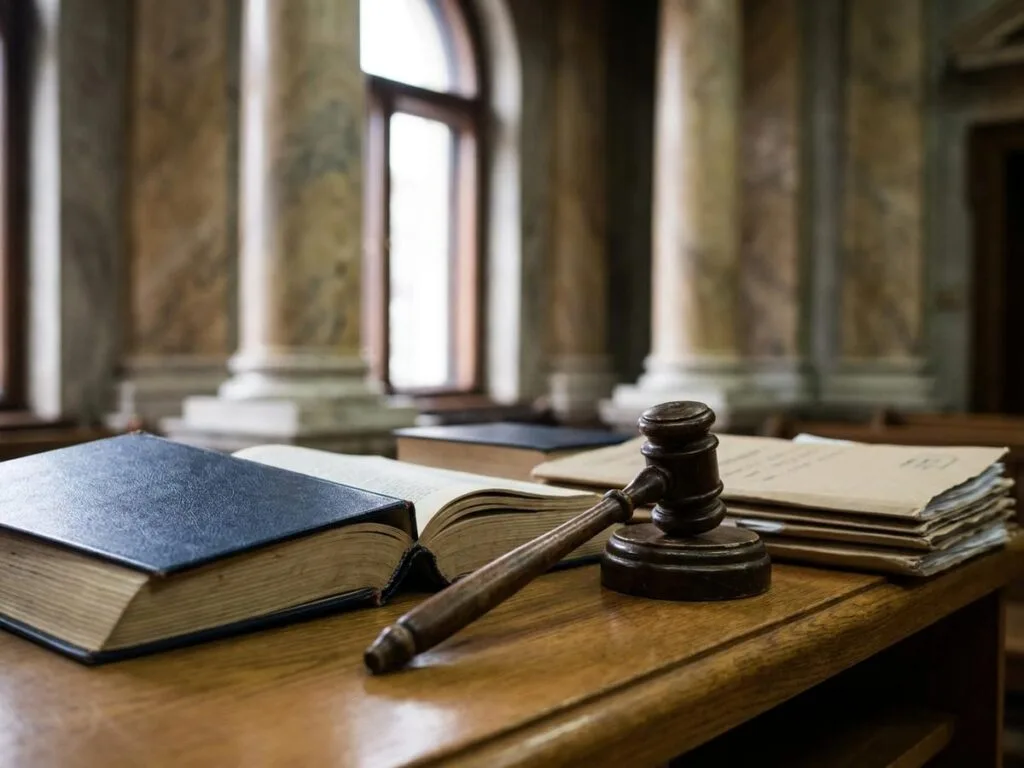 Ciocan de judecător lângă coduri de procedură civilă și dosare de instanță, pe un birou din lemn