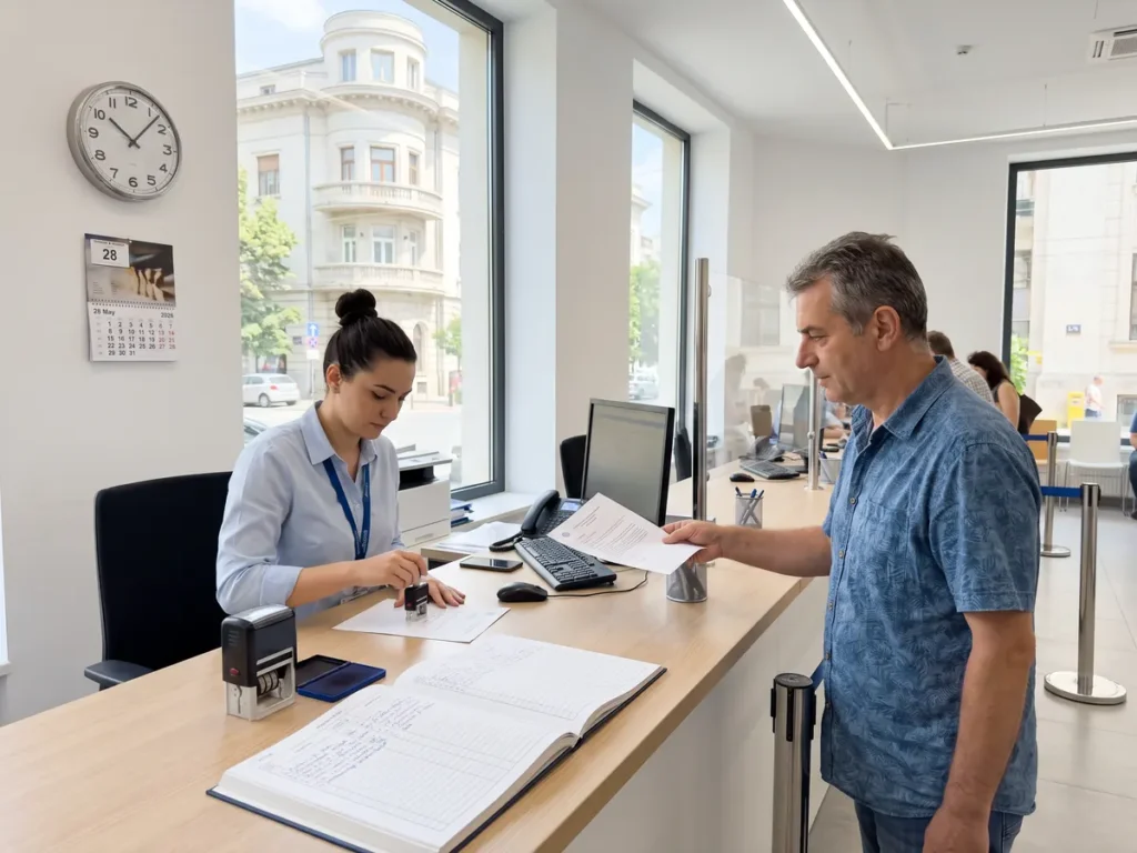 Cetățean care depune o cerere de informații de interes public la registratura unei instituții publice din România