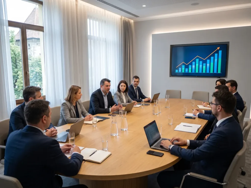 Ședință a unei comisii consultative a ministerului, cu grafic de prognoză pe ecranul din sală