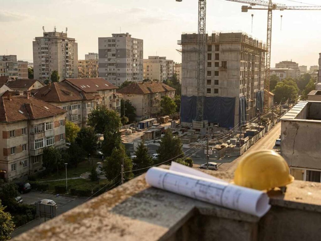 Cartier urban romanesc in transformare, bloc in constructie cu macarale, plan de arhitectura si casca de protectie in prim-plan, ilustrand noul Cod al amenajarii teritoriului, urbanismului si constructiilor