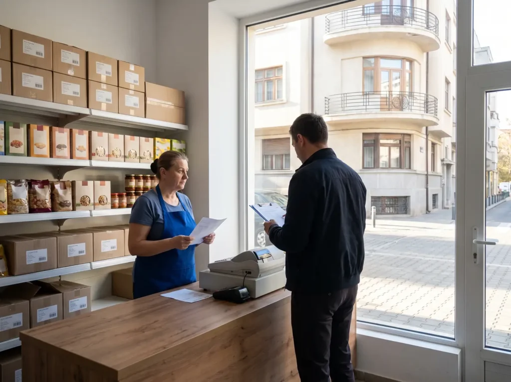 Comerciant și inspector verificând documentele de proveniență a mărfii într-un magazin de cartier