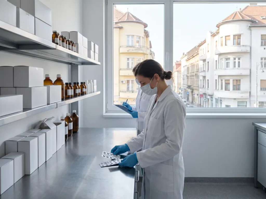 O farmacistă cu mănuși verifică o folie de comprimate într-o farmacie de studii clinice, cu vedere spre clădiri interbelice