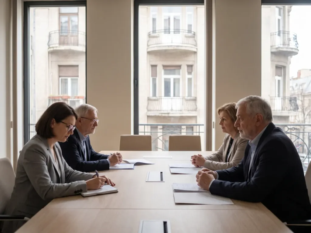 Patru membri ai unei comisii de etică analizează documente într-o sală de ședințe cu vedere spre clădiri interbelice din București