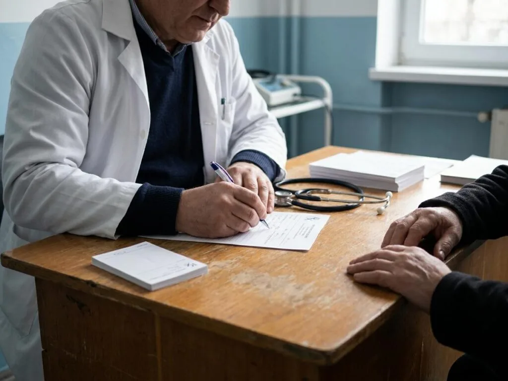 Medic de familie completeaza un certificat de concediu medical la birou, cu stetoscop alaturi