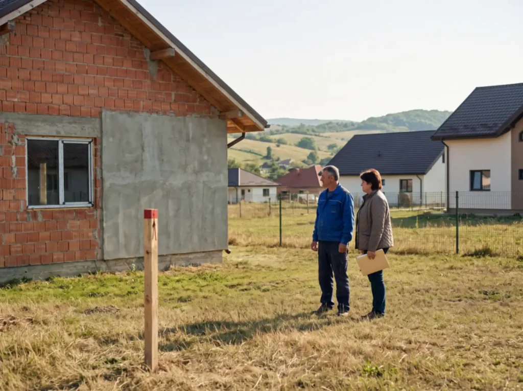 Casă din cărămidă neterminată pe un teren de la marginea unui sat, cu doi oameni privind construcția și un țăruș de hotărnicie în prim-plan