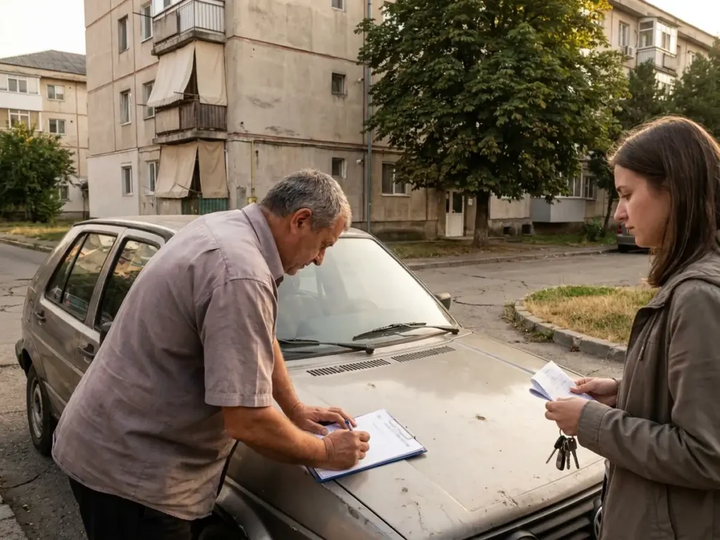 Vânzător și cumpărător completând contractul de vânzare a unei mașini pe capotă, într-un cartier de blocuri, ilustrare pentru noul formular 2026 ITL 054