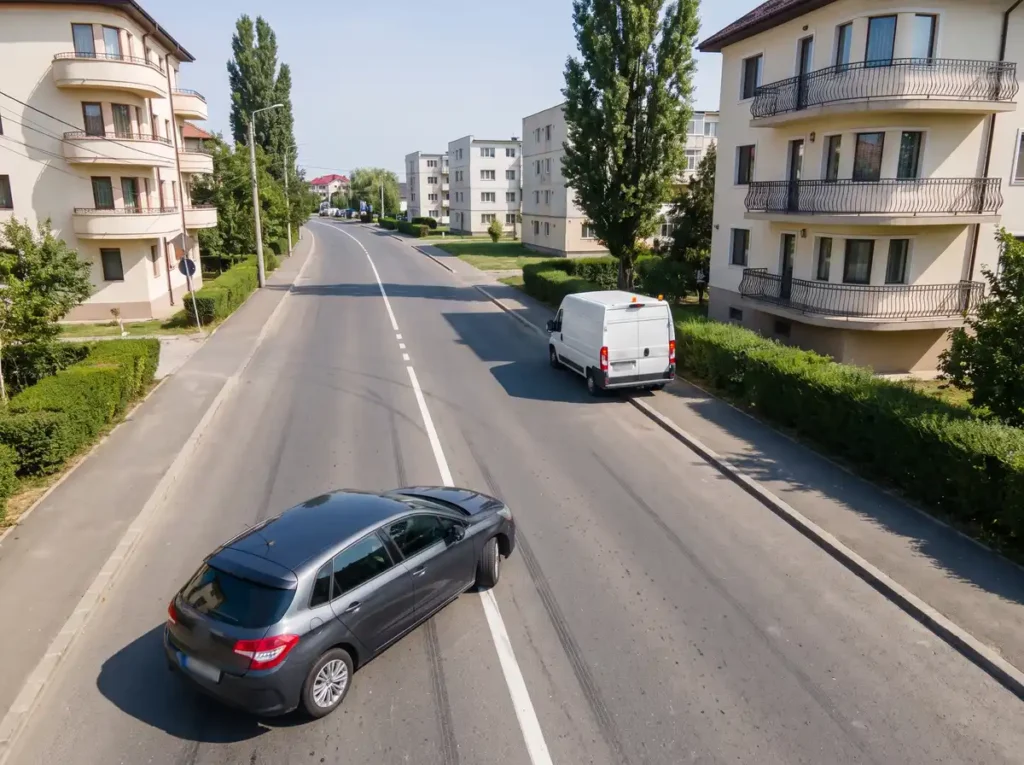 Autoturism gri care a trecut peste linia continua pe sensul opus, pe un drum national din Romania, cu o autoutilitara oprita pe acostament