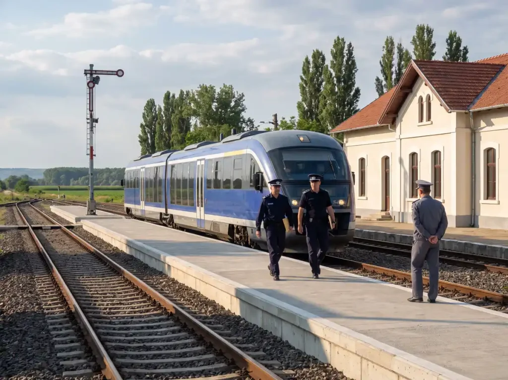 Tren de călători oprit în gara unei stații feroviare de frontieră din estul României, cu ofițeri în uniformă pe peron, ilustrare pentru acordul de control coordonat Fălciu-Cantemir