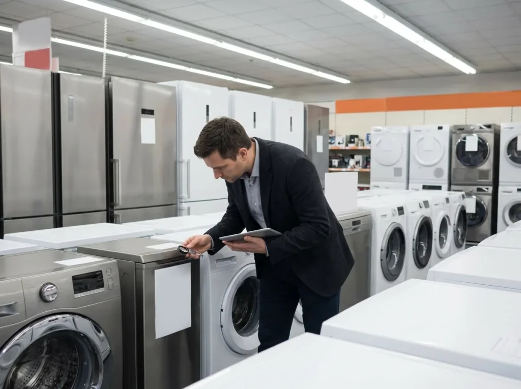 Inspector verificand aparatele electrocasnice dintr-un magazin, ilustrand controlul etichetei energetice