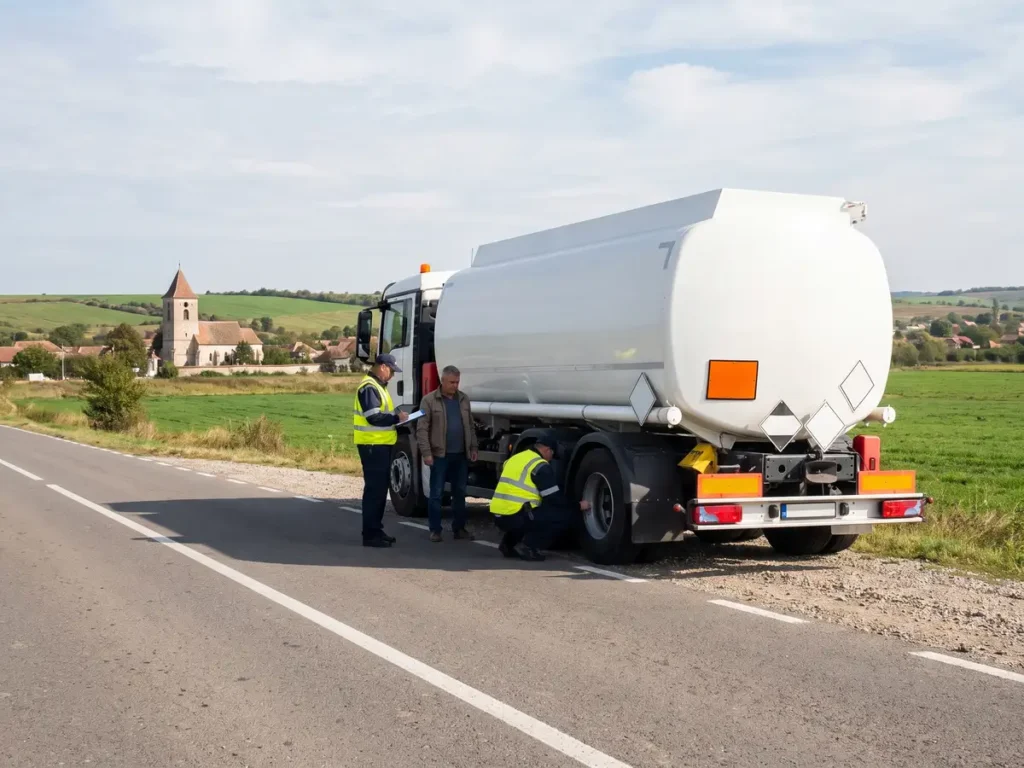 Control în trafic la o cisternă cu mărfuri periculoase, pe un drum din România