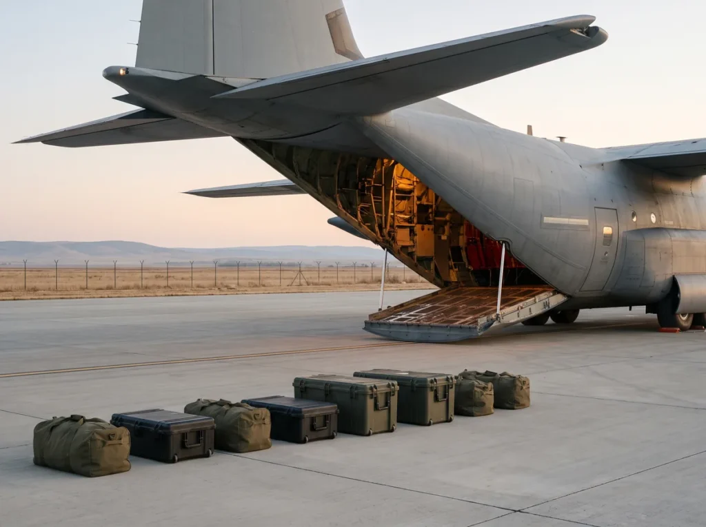 Avion de transport militar cu rampa coborata pe o platforma de aerodrom in zori, cu saci si cutii de echipament asezate in fata