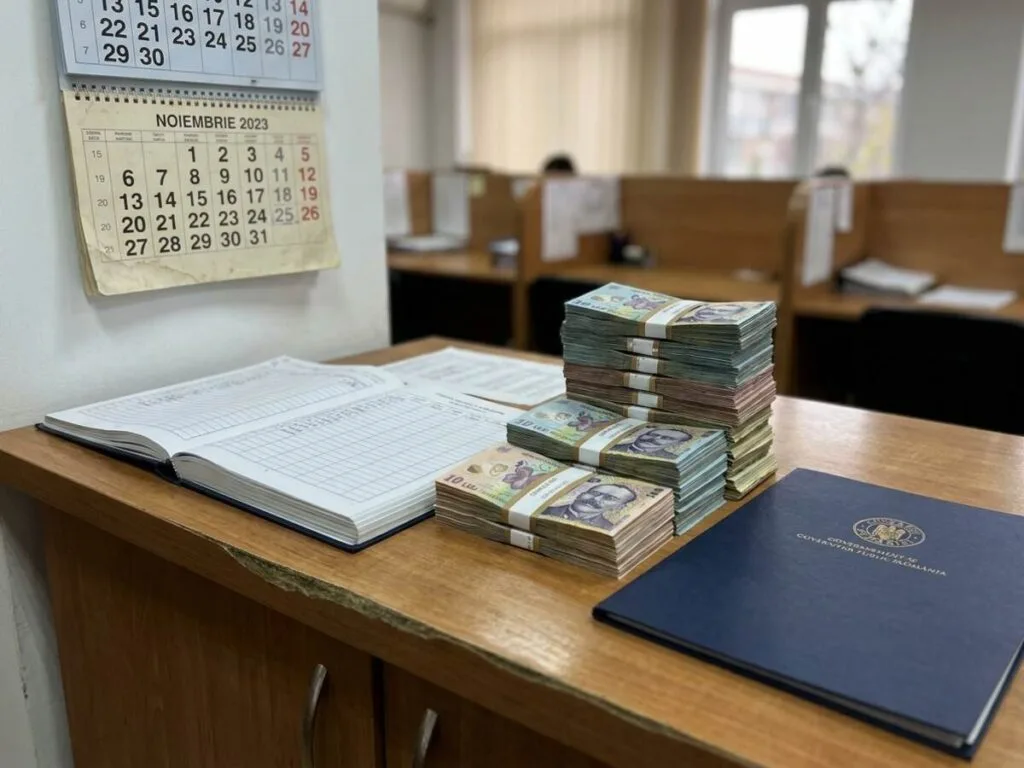 Bancnote de lei și documente de salarizare pe un birou de instituție publică, ilustrând data plății salariilor bugetare