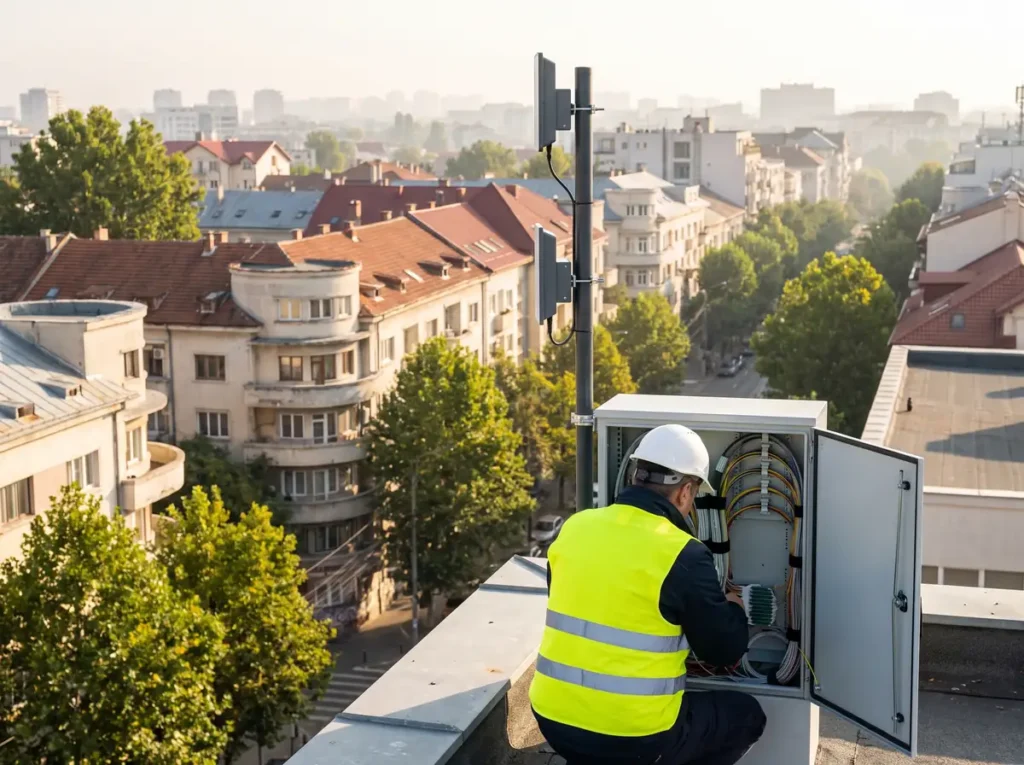 Tehnician de telecomunicații lucrează la un dulap de fibră optică pe acoperișul unei clădiri din București, ilustrând raportarea statistică impusă prin Decizia ANCOM nr. 396/2026