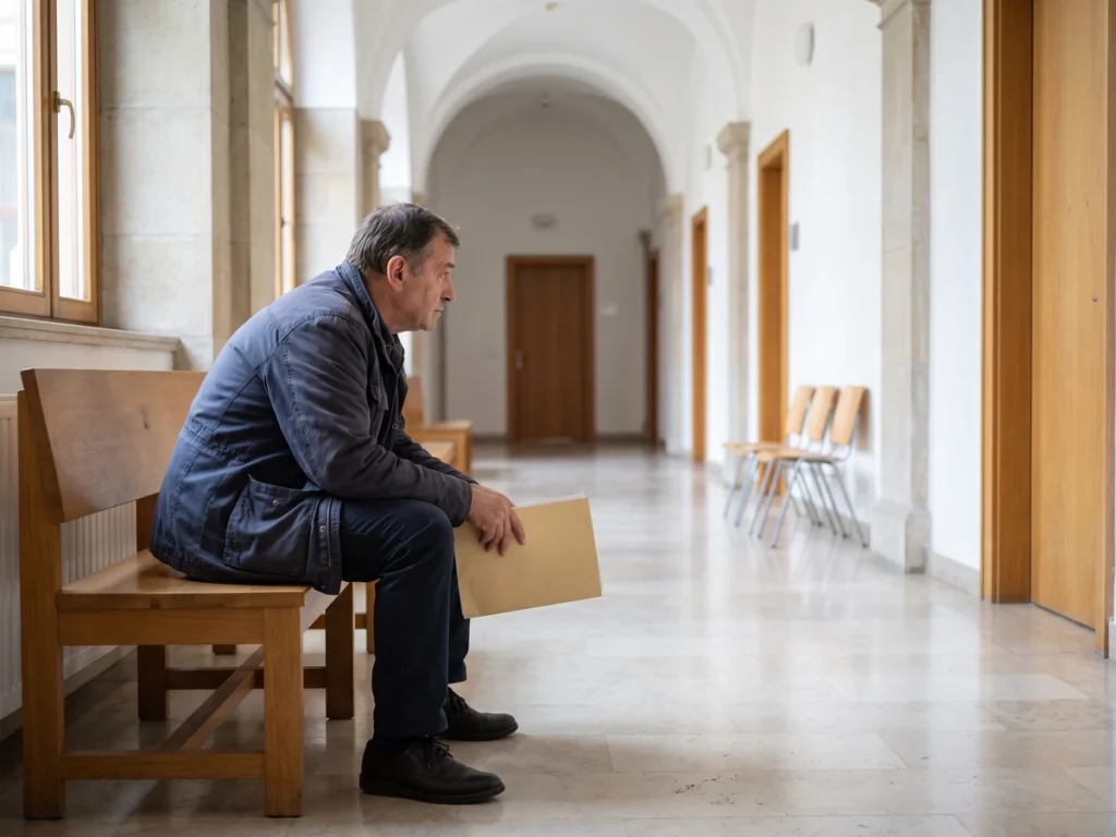 Bărbat cu un dosar de acte, așteptând pe o bancă pe holul unei instanțe din România