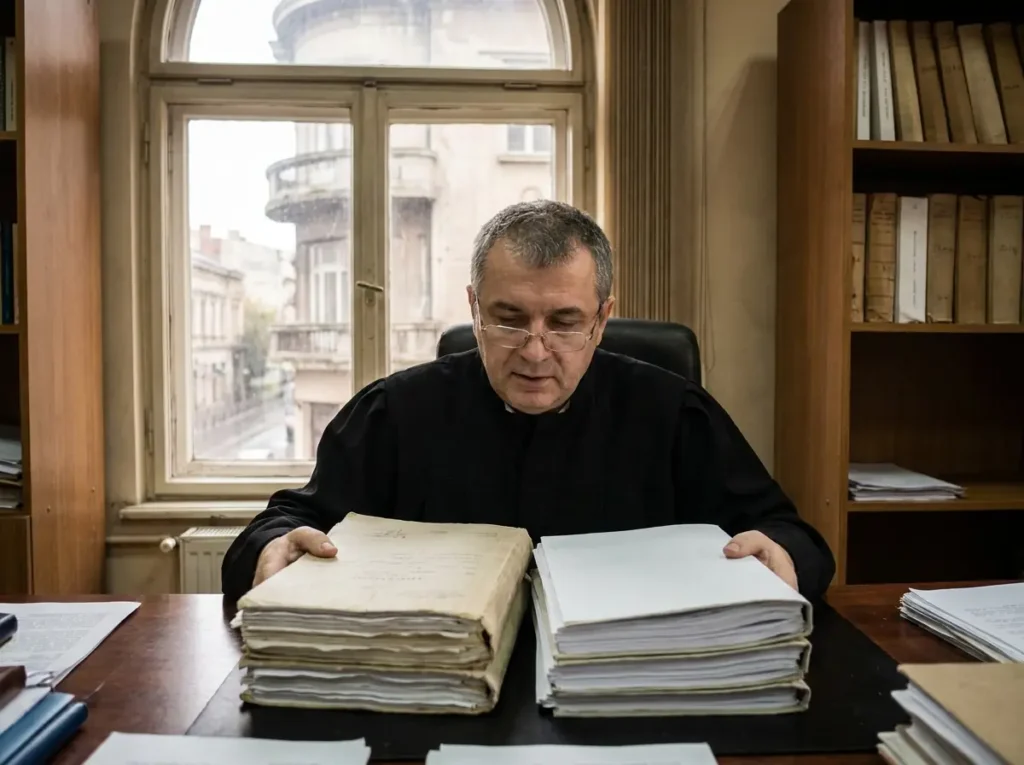 Judecător într-un birou de instanță din România comparând un dosar penal vechi cu unul nou, ilustrând contopirea pedepselor și alegerea legii penale mai favorabile