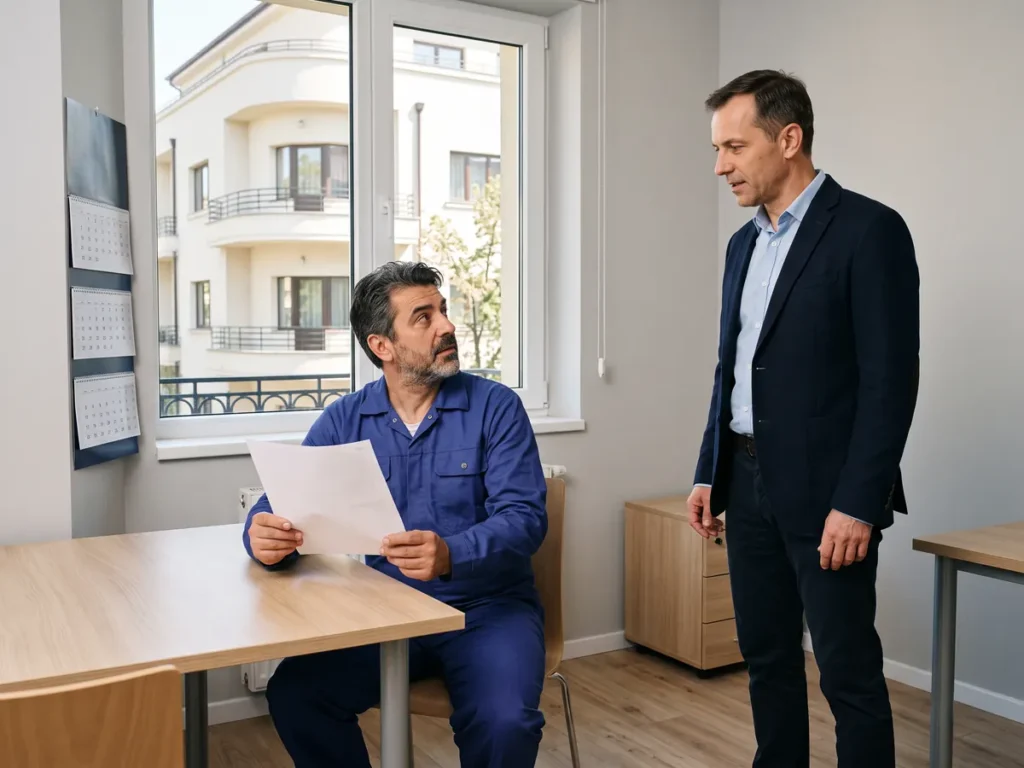 Angajat cu o hârtie în mână, în fața unui calendar de perete, ascultând un manager care îi anunță verbal o măsură, ilustrând termenul de contestare a deciziilor angajatorului