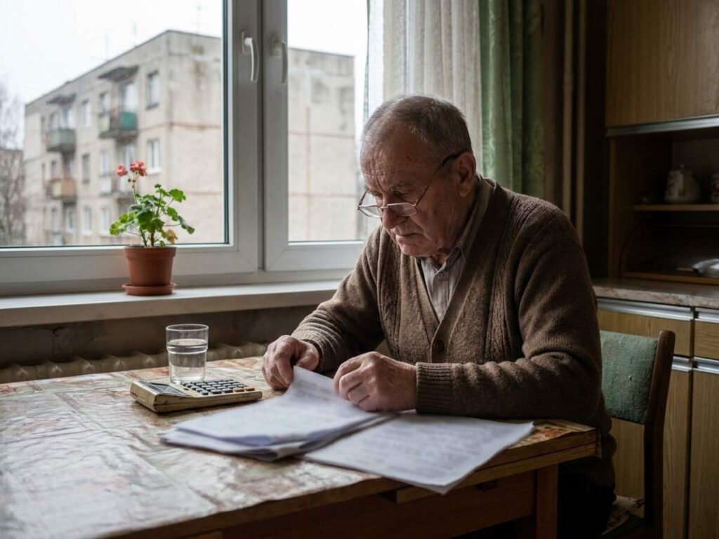 Pensionar la masa din bucătărie verificând documente de recalculare a pensiei, cu un bloc din anii comunismului vizibil pe fereastră