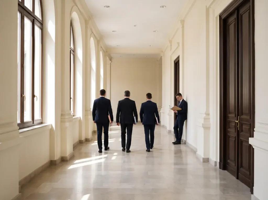 Coridor de tribunal cu ferestre înalte și uși de lemn, în care patru persoane în costum poartă dosare