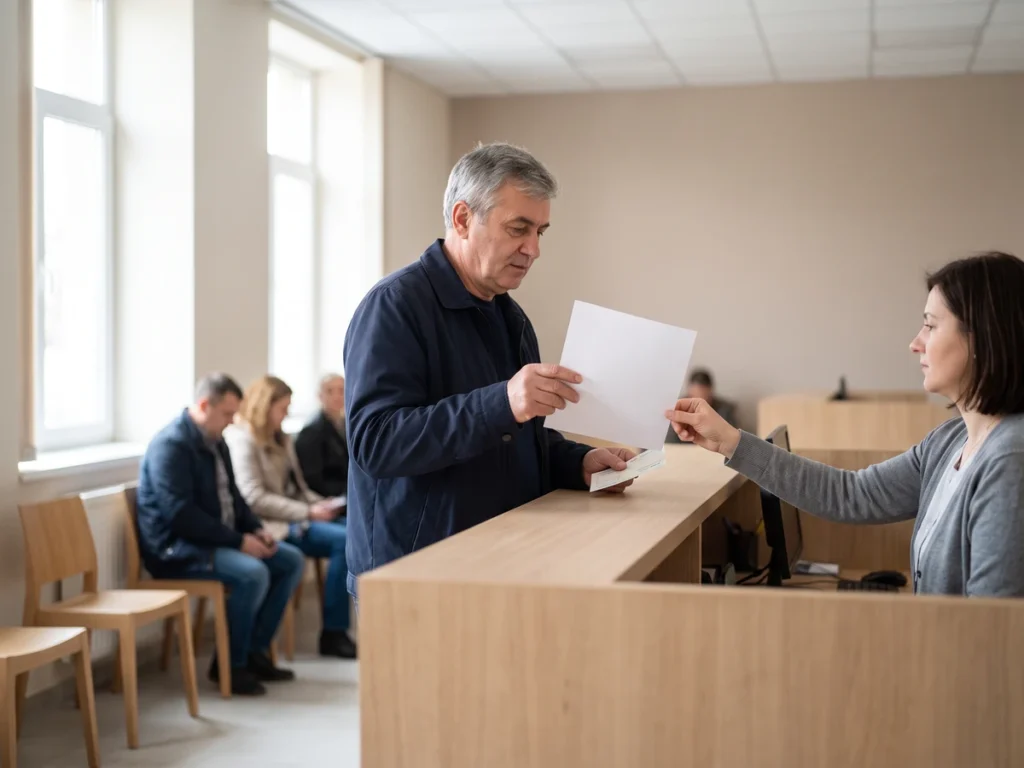 Bărbat care depune o cerere și chitanța taxei la registratura unei instanțe din România
