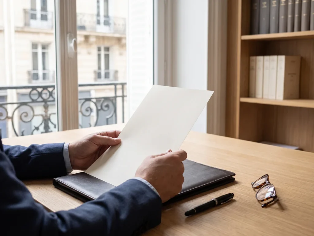 Mâinile unui avocat care citește un document, la un birou luminos, cu o clădire interbelică vizibilă pe fereastră