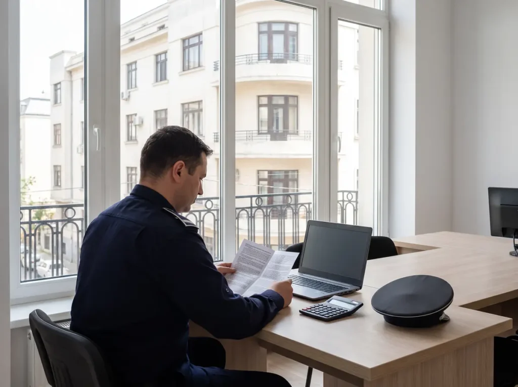 Polițist în uniformă bleumarin care citește un fluturaș de salariu la biroul dintr-o secție de poliție renovată, cu o clădire interbelică vizibilă pe fereastră