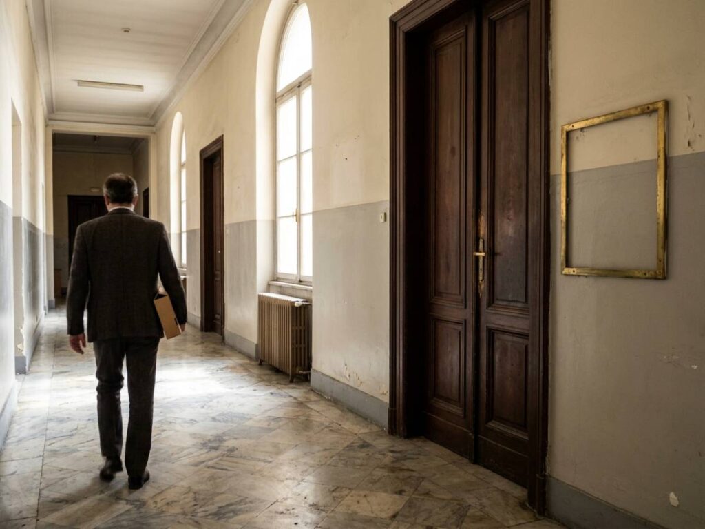 Coridorul unei clădiri administrative interbelice, cu un funcționar care se îndepărtează purtând un dosar, lângă o ramă goală de plăcuță