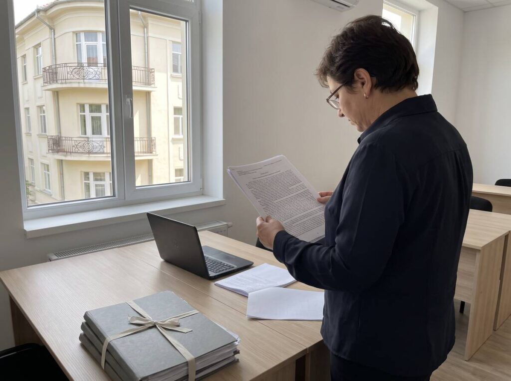 Angajată a unei instituții publice citind un document de salarizare, lângă dosare de arhivă