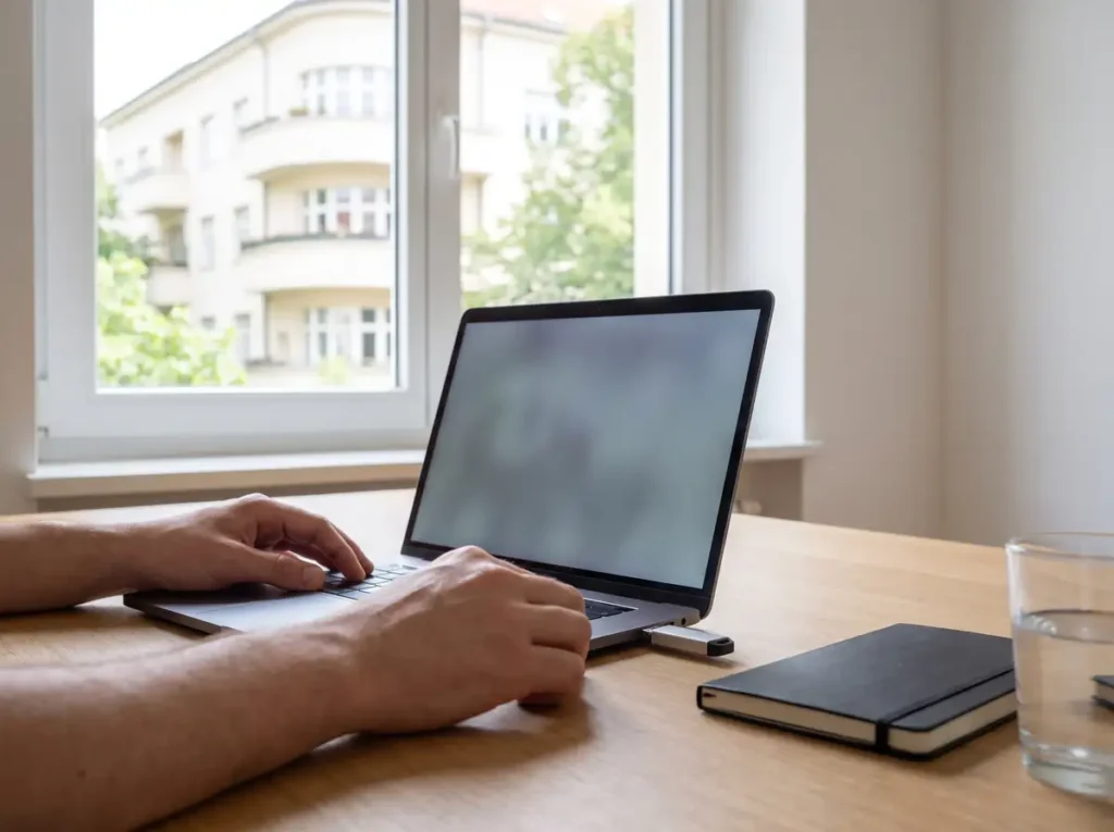 Mâinile unei persoane la un laptop pe un birou de lemn, cu un stick USB introdus în port și un bloc interbelic vizibil pe fereastră