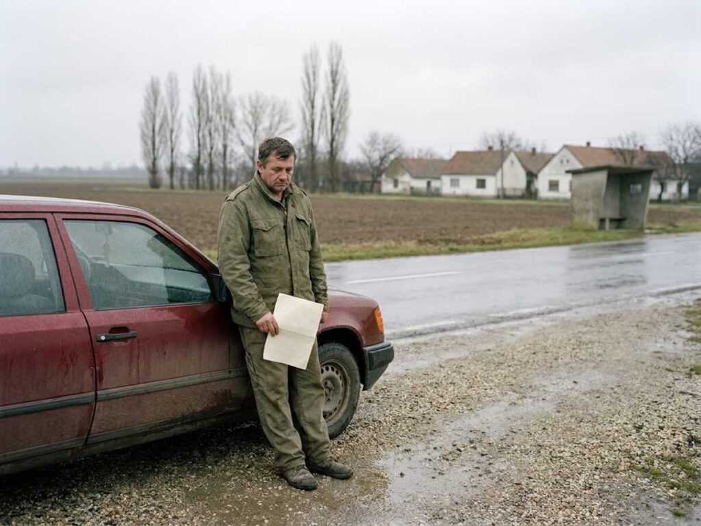 Șofer sprijinit de mașină pe marginea unui drum de țară, citind un proces-verbal de contravenție, cu un sat de câmpie în fundal