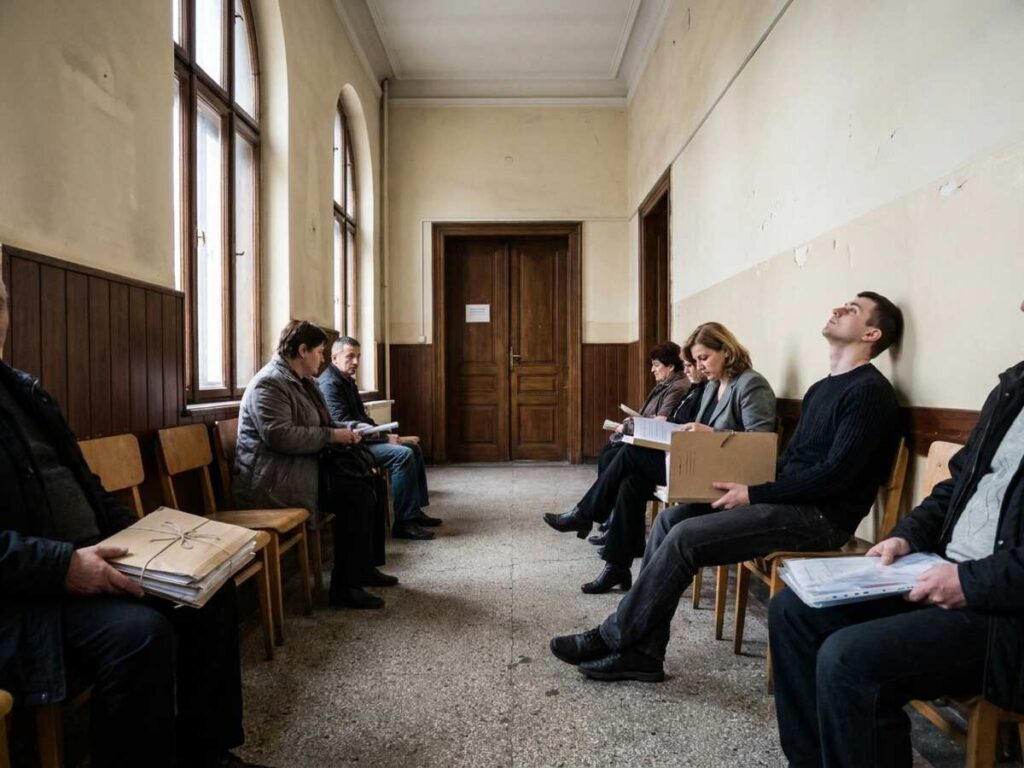 Oameni așteptând pe scaune, cu dosare în mână, pe holul unei instituții publice românești dintr-o clădire interbelică